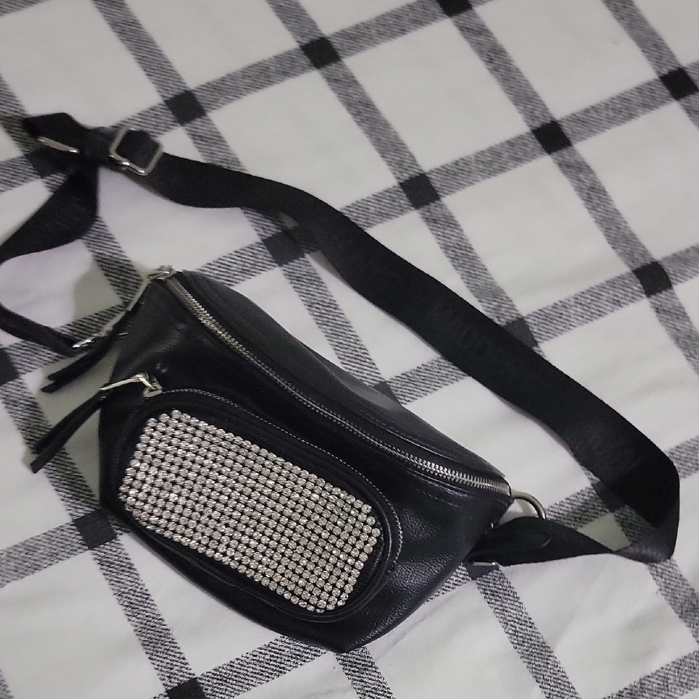 Madden NYC Black Rhinestone Accent Waist Bag